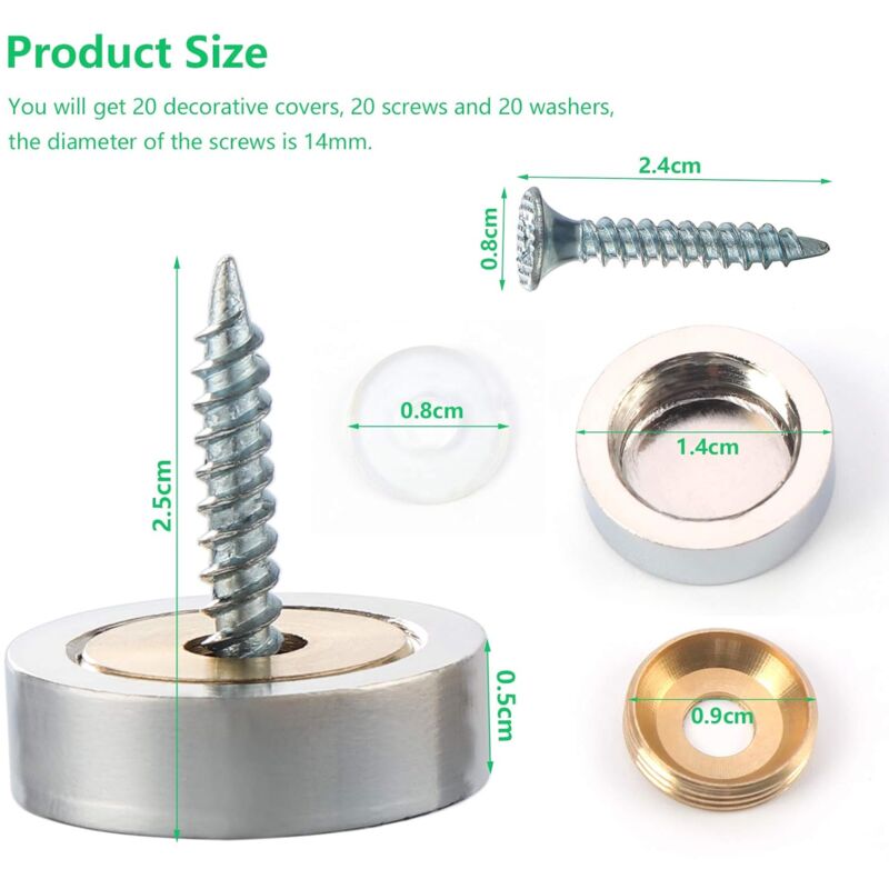 20 pcs Brushed Stainless Steel Screws With Decorative Caps For Mirrors, Tables, Plates, Cabinets, Glass Panels Silver - Image 2