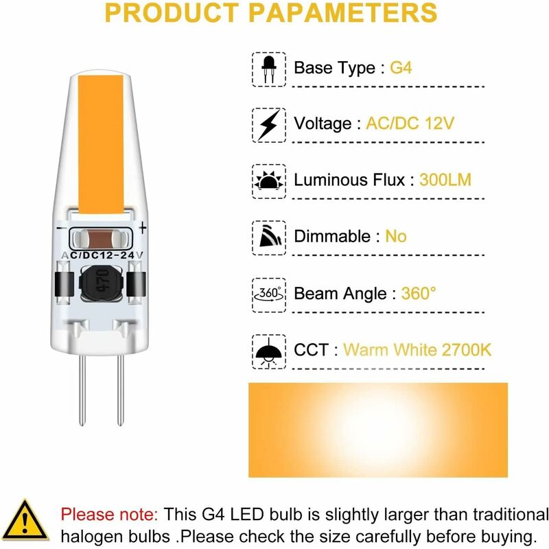 G4 LED 3W 12V Ac/Dc Light Bulbs, G4 3W LED Bulbs Equivalent To 30W Halogen Bulb, 300Lm, Warm White 2700K, Non-Dimmable, - Image 2