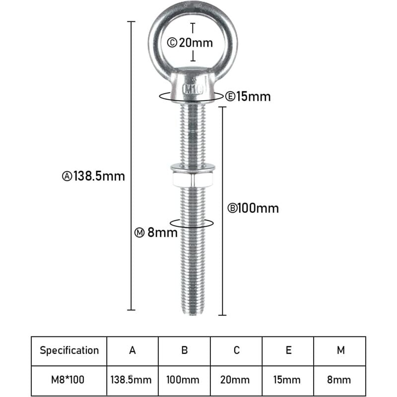 Eye Bolts M10 X 100Mm Stainless Steel Metric Thread M10 Eye Bolts For Fixing And Hanging, 4 pcs - Image 3