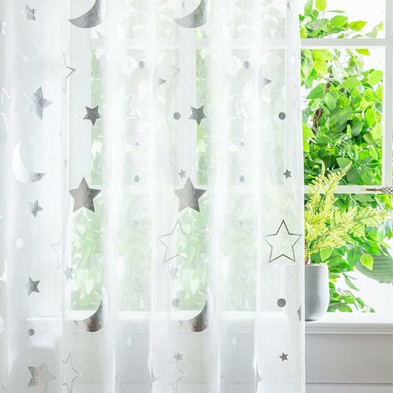1M Long Semi Sheer Window Curtains For Girls ROom Bedroom Cute Moon And Stars Pattern Tulle Sheer Curtains 2 Panel 1M X - Image 2