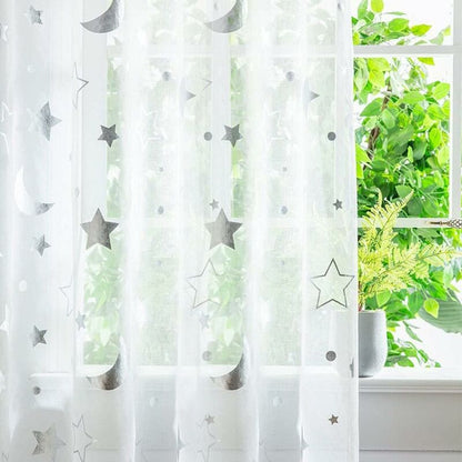 1M Long Semi Sheer Window Curtains For Girls ROom Bedroom Cute Moon And Stars Pattern Tulle Sheer Curtains 2 Panel 1M X - Image 3