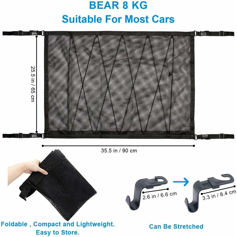 Car Storage Net 90Cmx65Cm, Multifunctional Organizer With Zipper With 2 Car Seat Hooks, Camping Car Storage Net, Car - Image 2