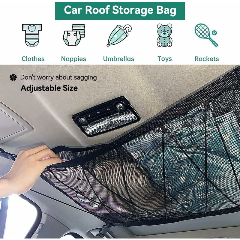 Car Storage Net 90Cmx65Cm, Multifunctional Organizer With Zipper With 2 Car Seat Hooks, Camping Car Storage Net, Car - Image 3
