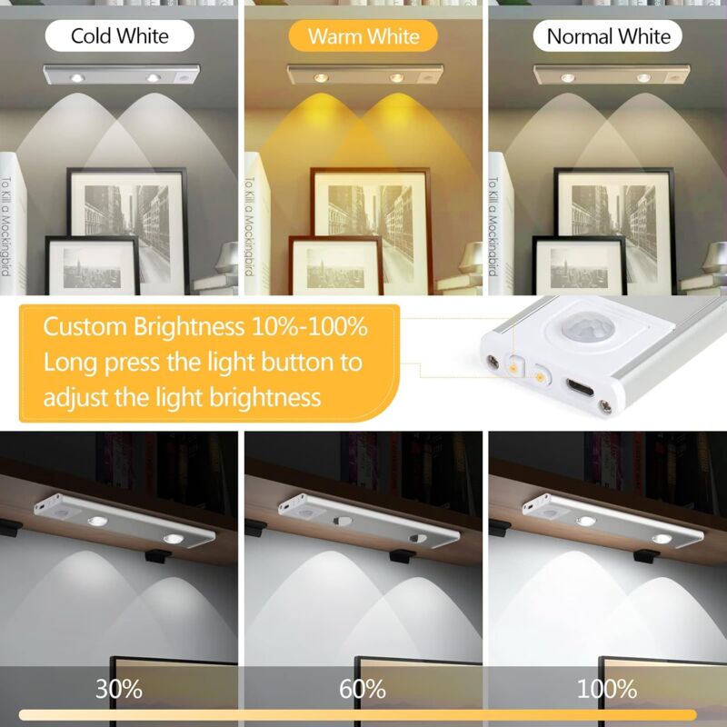 2 pcs Wireless LED Closet Lights, Dimmable Under Cabinet Lights, Motion Sensor, 3 Lighting Modes, Closet Light For - Image 4