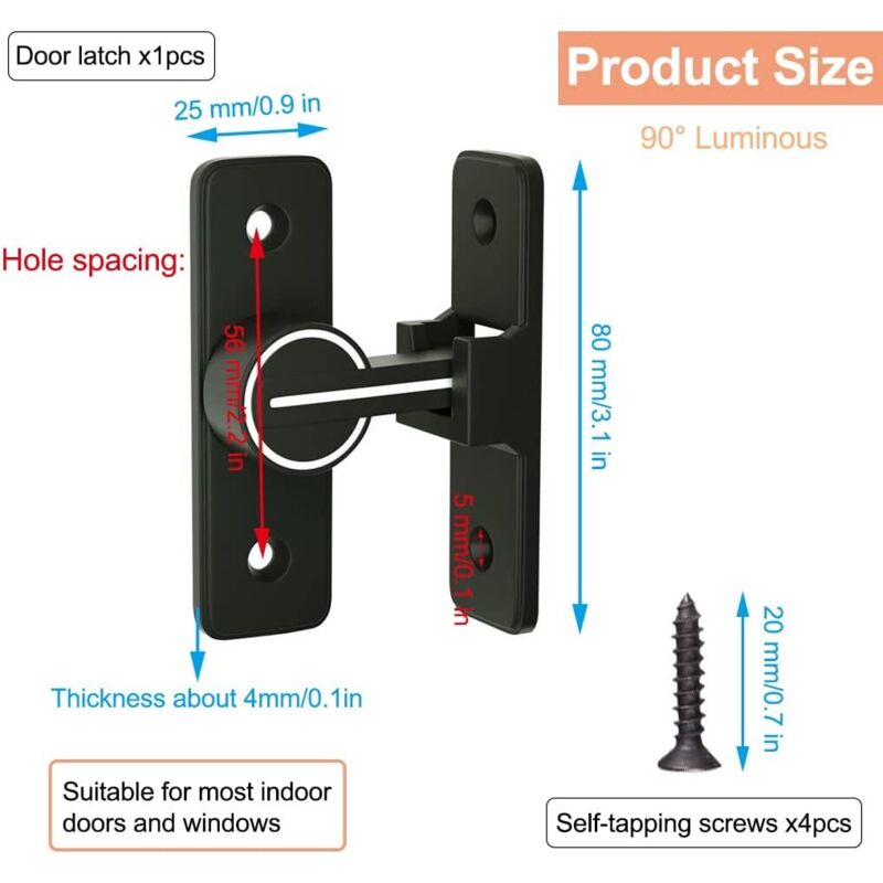 Luminous Sliding Interior Door Lock Latch, 90° Tilt Door Hook Latch, Anti-Theft Hasp Buckle Lock Bolt, For Door, Window - Image 3