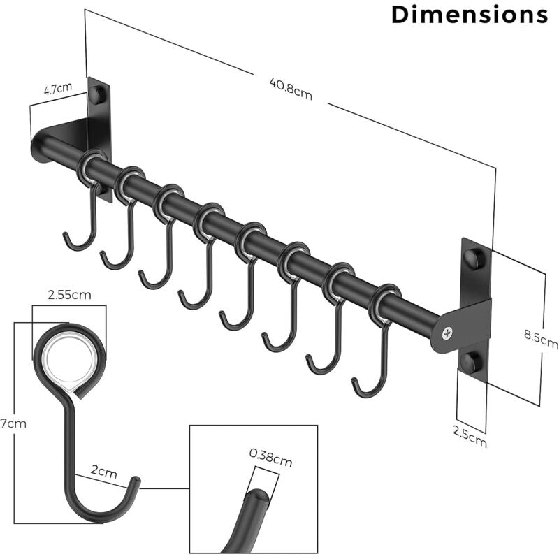 Wall Mounted Stainless Steel Utensil Holder With 8 Sliding Hooks For Kitchen And Bathroom (Black) - Image 2