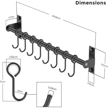 Wall Mounted Stainless Steel Utensil Holder With 8 Sliding Hooks For Kitchen And Bathroom (Black) - Image 2