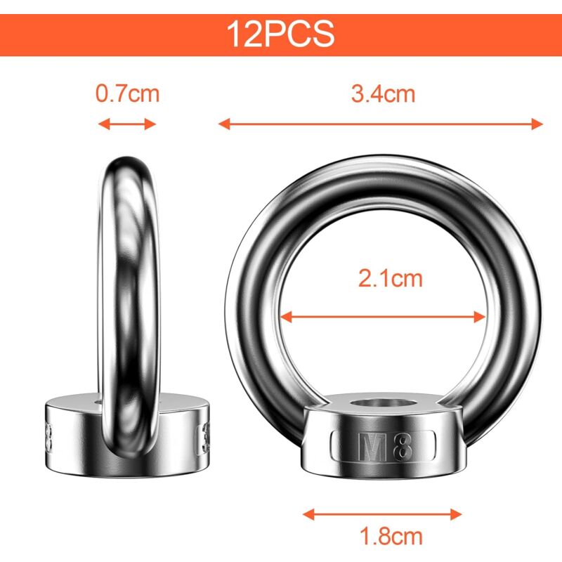 12 pcs Ring Nut, 304 Stainless Steel Ring Nuts, M8 Eye Nut, Eye Nuts, Lifting Rings, Eye Bolt For Lifting Accessories - Image 2