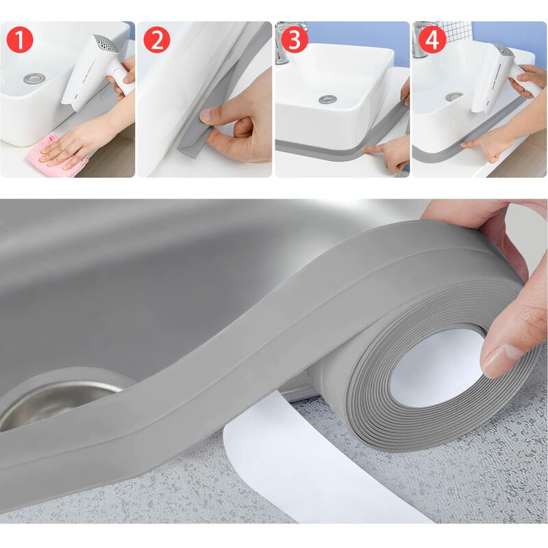 3 ROlls Waterproof Sealing Strip, Bathroom Seal, Pvc Self-Adhesive Caulking Tape For Kitchen, Toilet, Bathtub (Grey) - Image 4