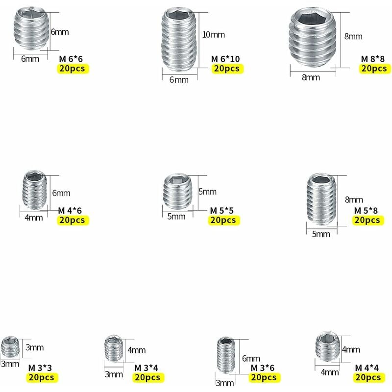 200 pcs Stainless Steel Grub Screws, M3 M4 M5 M6 M8 Machine Screws, Assortment Kit Fasteners Grub Screws - Image 2