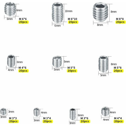 200 pcs Stainless Steel Grub Screws, M3 M4 M5 M6 M8 Machine Screws, Assortment Kit Fasteners Grub Screws - Image 2
