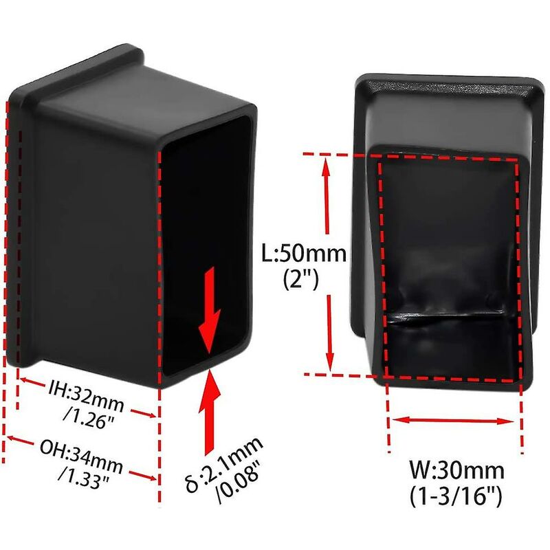 8 Pack Rectangular Non-Marking Pvc Chair Leg Caps 30Mm X 50Mm (1-3/16" X 2") - Image 2