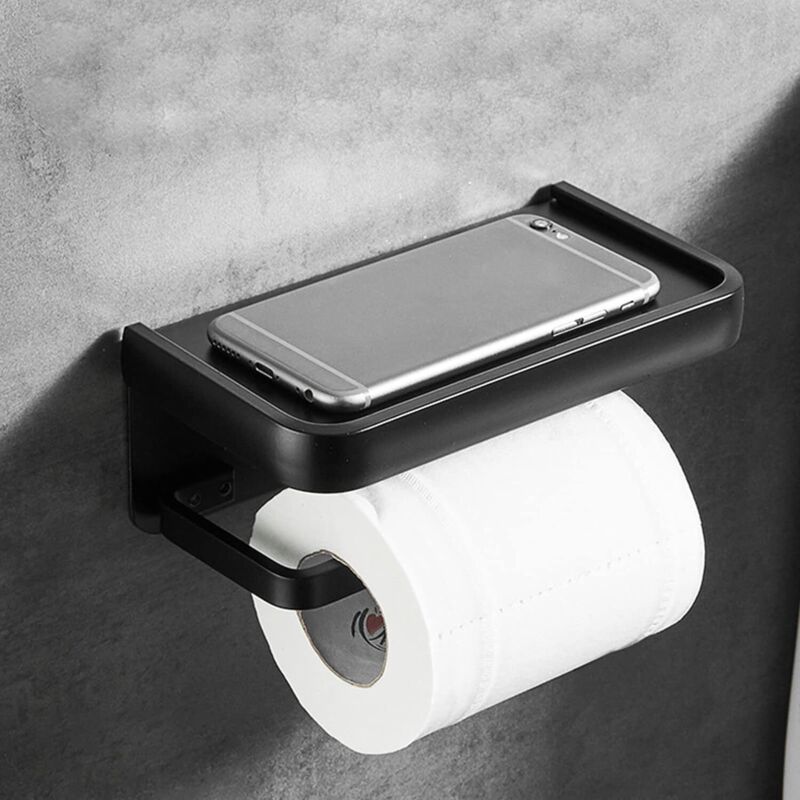 Wall Mounted Toilet Paper Holder Aluminum ROll Holder Toilet Paper Holder With Storage Shelf Black - Image 2