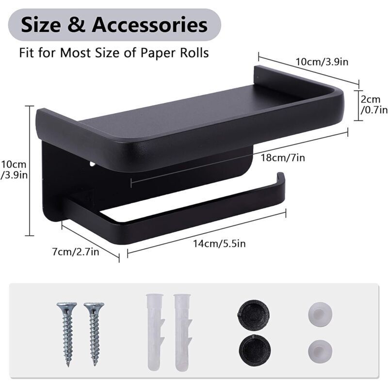 Wall Mounted Toilet Paper Holder Aluminum ROll Holder Toilet Paper Holder With Storage Shelf Black - Image 3