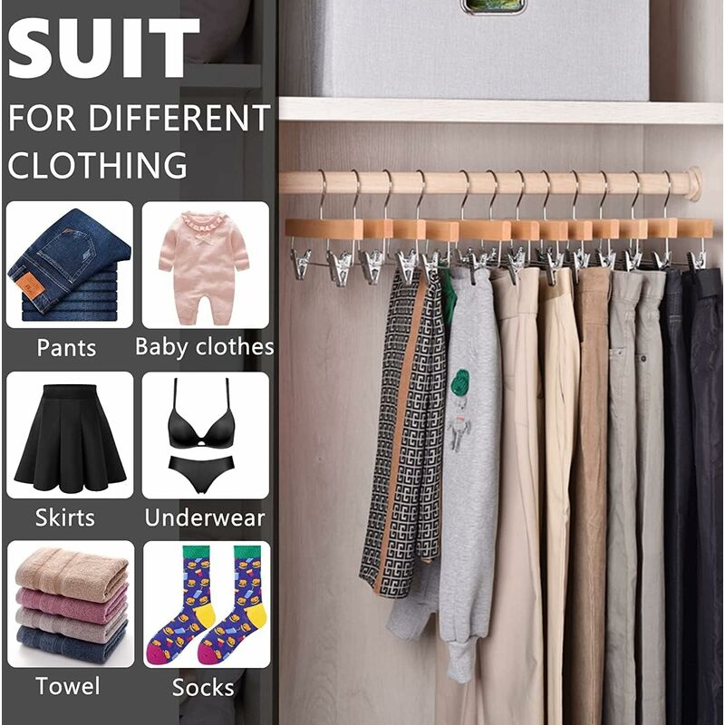 Home 10 Pack 32Cm Natural Wooden Hangers For Pants Skirts Socks Underwear Non-Slip Hangers With Clips - Image 2
