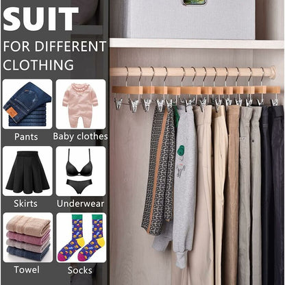 Home 10 Pack 32Cm Natural Wooden Hangers For Pants Skirts Socks Underwear Non-Slip Hangers With Clips - Image 2