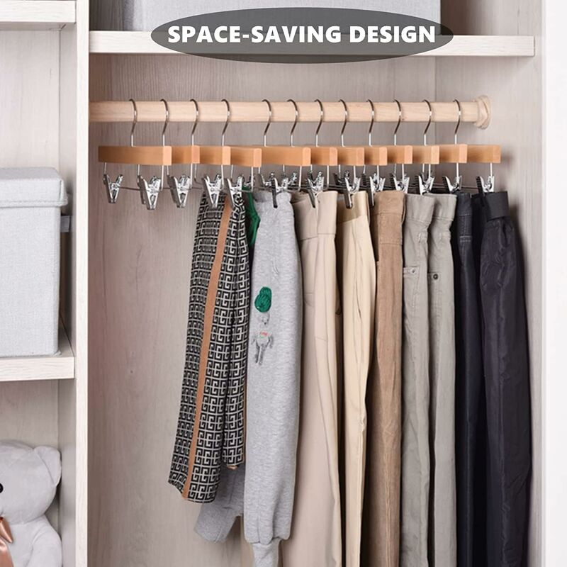 Home 10 Pack 32Cm Natural Wooden Hangers For Pants Skirts Socks Underwear Non-Slip Hangers With Clips - Image 4