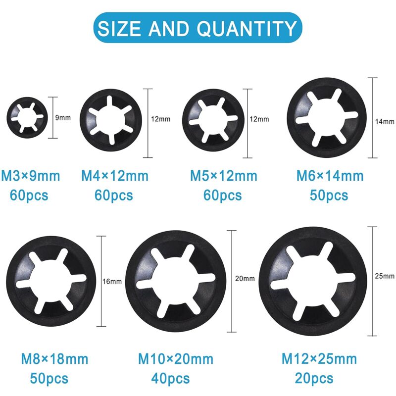 Universal Lock Washers Lock Washer M3 M4 M5 M6 M8 M10 M12 Starlock Washer Quick Push Fasteners Assortment Kit With Box - Image 2