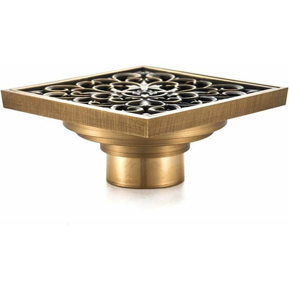 Brass Bathroom Floor Drain - Antique Unique Square Shower Drain Flower Carved For Toilet Garden 10Cm - Image 2