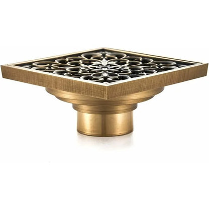 Brass Bathroom Floor Drain - Antique Unique Square Shower Drain Flower Carved For Toilet Garden 10Cm - Image 2
