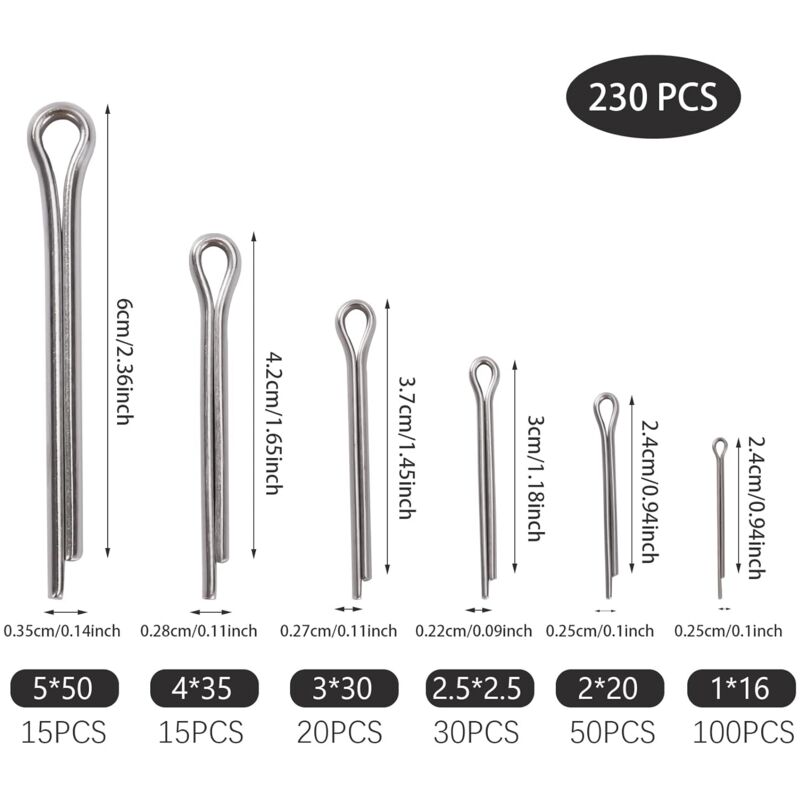 230 pcs Stainless Steel Cotter Pins M1 M2.5 M3 M4 M5 Retaining Pin Assortment Kit With Storage Box - Image 2