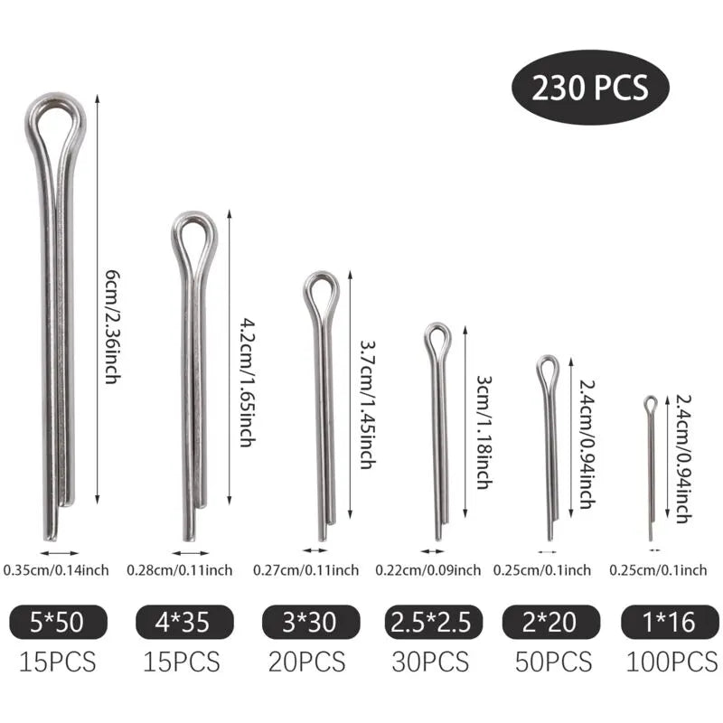 230 pcs Stainless Steel Cotter Pins M1 M2.5 M3 M4 M5 Retaining Pin Assortment Kit With Storage Box - Image 2