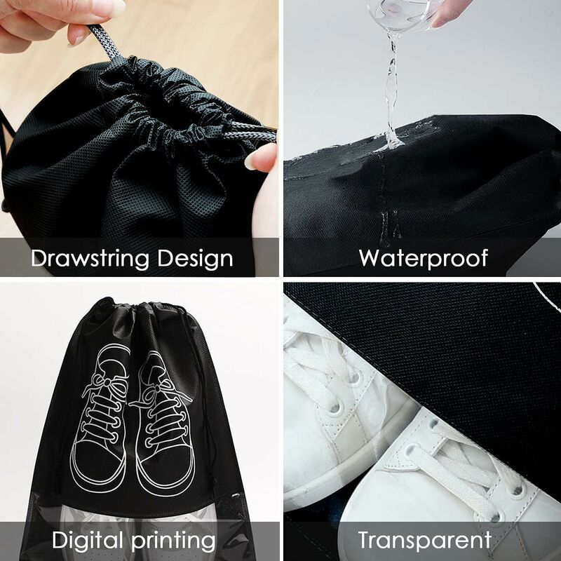 Travel Shoe Bag, Waterproof Dustproof Fleece Shoe Bag Set With Clear Window And Drawstring (32X44Cm) -10 pcs-Black - Image 2