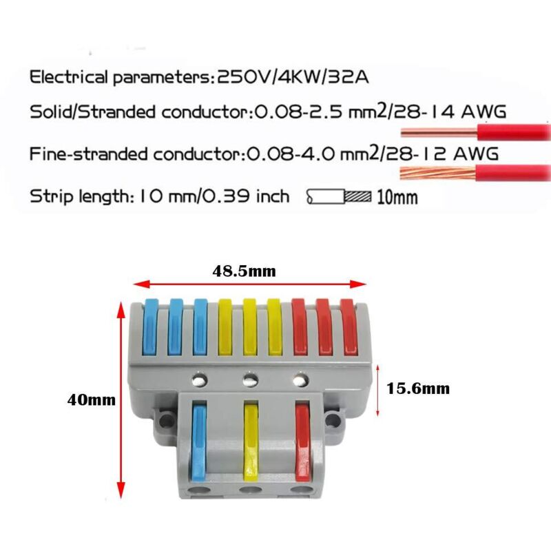 Electrical Connector, 6 pcs 3 In 9 Out Compact Conductor Connector, Cable Terminal Block Quick Spring Connector, With - Image 3
