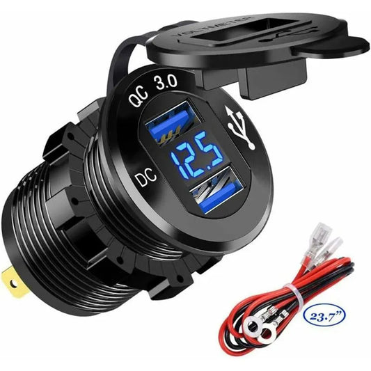 Fast Usb Car Charger Dual Qc3.0 Usb Ports, 12V/24V 36W Waterproof With LED Digital Voltmeter For Motorcycle, Caravan,