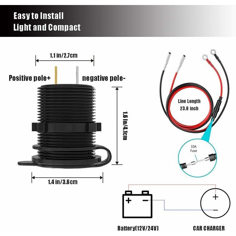 Fast Usb Car Charger Dual Qc3.0 Usb Ports, 12V/24V 36W Waterproof With LED Digital Voltmeter For Motorcycle, Caravan, - Image 2