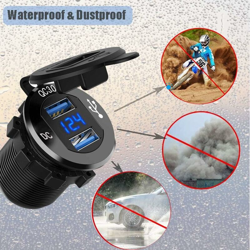 Fast Usb Car Charger Dual Qc3.0 Usb Ports, 12V/24V 36W Waterproof With LED Digital Voltmeter For Motorcycle, Caravan, - Image 3