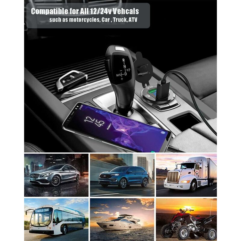 Fast Usb Car Charger Dual Qc3.0 Usb Ports, 12V/24V 36W Waterproof With LED Digital Voltmeter For Motorcycle, Caravan, - Image 4