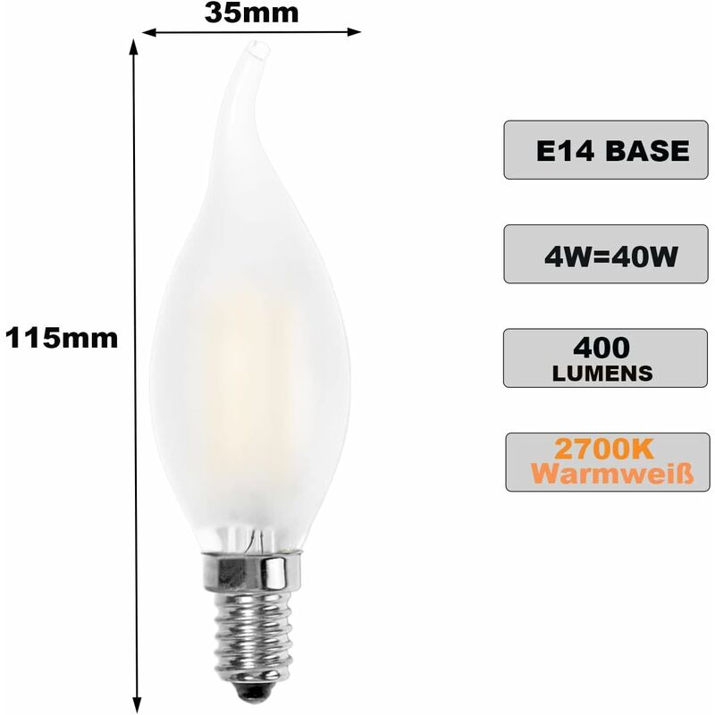 LED Bulb E14 Flame, Candle Shape, Warm White 2700K, 4W Incandescent Equivalent 40W, 400Lm, Pack Of 12 [Energy Class A+] - Image 3