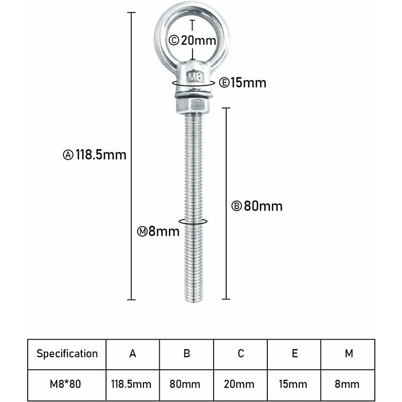 Eye Bolts M8 X 80Mm Stainless Steel Metric Thread M8 Eye Bolts For Fixing And Hanging, 6 pcs - Image 2