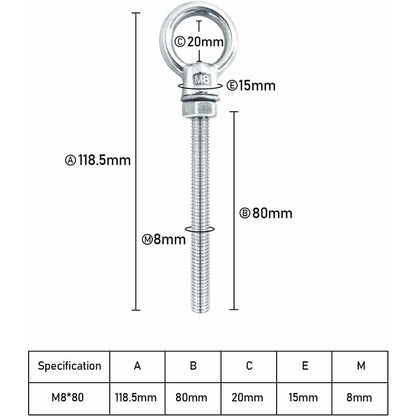 Eye Bolts M8 X 80Mm Stainless Steel Metric Thread M8 Eye Bolts For Fixing And Hanging, 6 pcs - Image 2