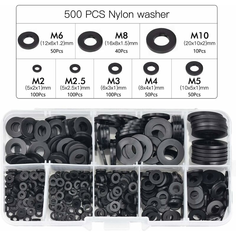 500 pcs Black Plastic Washers Lock Washers Fasteners, Self-Locking Washer Assortment Mechanical Washer M2.5 M3 M4 M5 M6