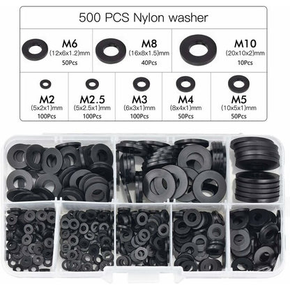 500 pcs Black Plastic Washers Lock Washers Fasteners, Self-Locking Washer Assortment Mechanical Washer M2.5 M3 M4 M5 M6