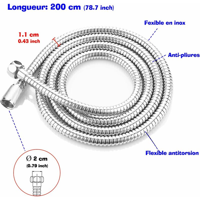 Shower Hose, 2M Stainless Steel Shower Hose, Universal Shower Hose, Universal Threaded Connector (G1/2 Inch) (2M) - Image 2
