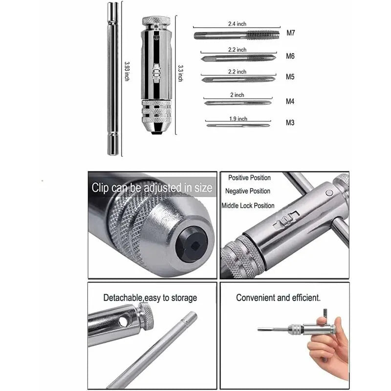 T Bar Handle Ratchet Tap Holder, Adjustable Tap Wrench With 5 pcs M3-M8 3Mm-8Mm Metric T-Shaped Plug Machine Screw - Image 3