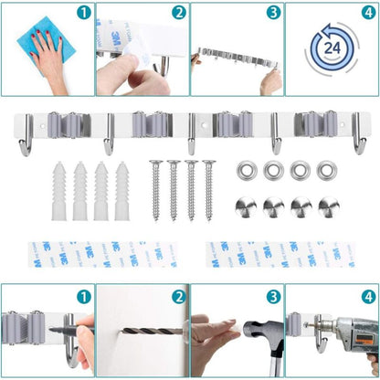 Stainless Steel Wall Mounted Broom Holder, Wall Mounted Broom Hanger With 4 Slots And 5 Hooks For Kitchen, Bathroom, - Image 3