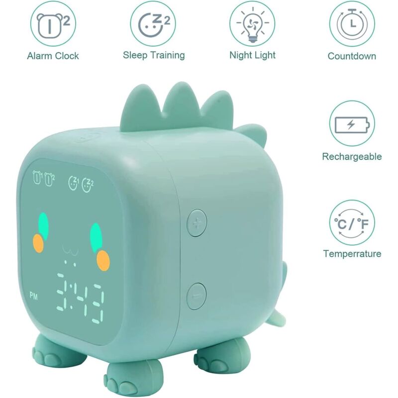 Cute Kids Alarm Clock, Multifunctional Adjustable Night Light Countdown Snooze Voice Control Rechargeable Clock (Green) - Image 2