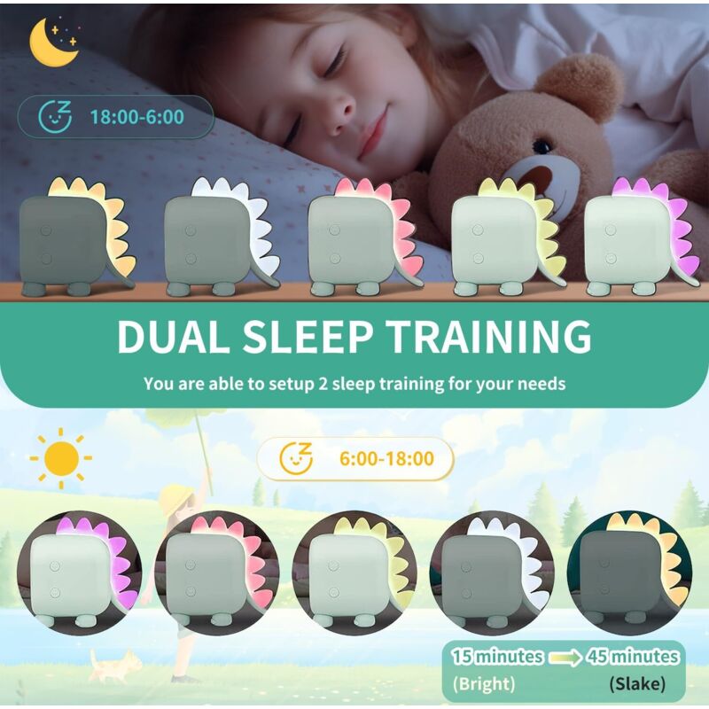 Cute Kids Alarm Clock, Multifunctional Adjustable Night Light Countdown Snooze Voice Control Rechargeable Clock (Green) - Image 4