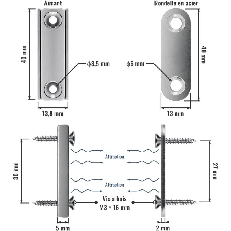 2 pcs Rectangular Neodymium Magnets With Hole 40X13.8X5Mm, 15Kg Force + 2 Steel Washers + 8 Screws Included - Image 4