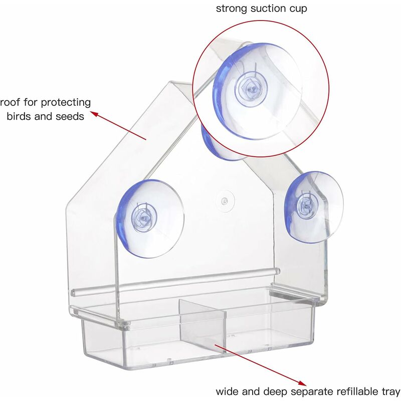 Clear Bird Feeder With Super Strong Suction Cups Removable Tray Refillable Weatherproof - Image 4