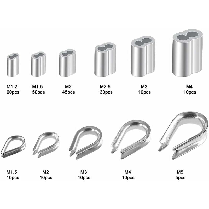 250 pcs 6 Sizes Aluminum Wire ROpe Thimbles Assortment Double Barrel Sleeves & 5 Size Thimbles For Wire ROpe - Image 2
