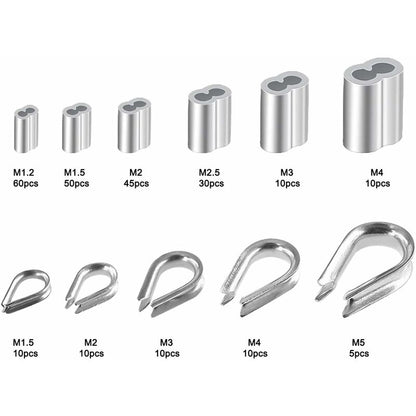 250 pcs 6 Sizes Aluminum Wire ROpe Thimbles Assortment Double Barrel Sleeves & 5 Size Thimbles For Wire ROpe - Image 2