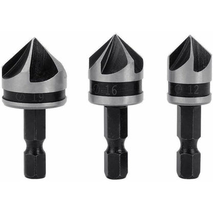 3 pcs 1/4" Hex Hcs Countersink Bit 5 Flute Countersink Drill Bits Countersink Bit 12Mm/16Mm/19Mm For Wood Metal
