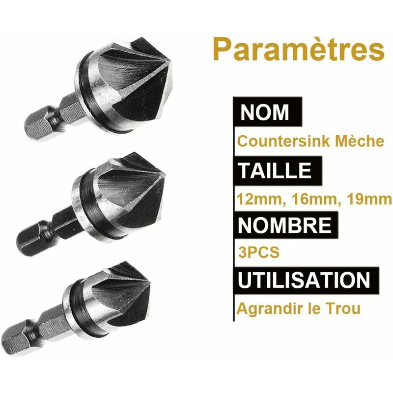 3 pcs 1/4" Hex Hcs Countersink Bit 5 Flute Countersink Drill Bits Countersink Bit 12Mm/16Mm/19Mm For Wood Metal - Image 3