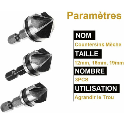 3 pcs 1/4" Hex Hcs Countersink Bit 5 Flute Countersink Drill Bits Countersink Bit 12Mm/16Mm/19Mm For Wood Metal - Image 3