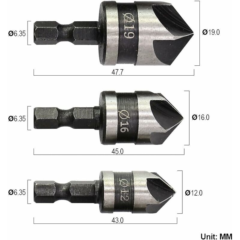 3 pcs 1/4" Hex Hcs Countersink Bit 5 Flute Countersink Drill Bits Countersink Bit 12Mm/16Mm/19Mm For Wood Metal - Image 4